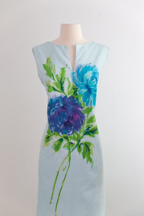 Chic 1960's Cotton Shift Dress With Painterly Floral Print / M