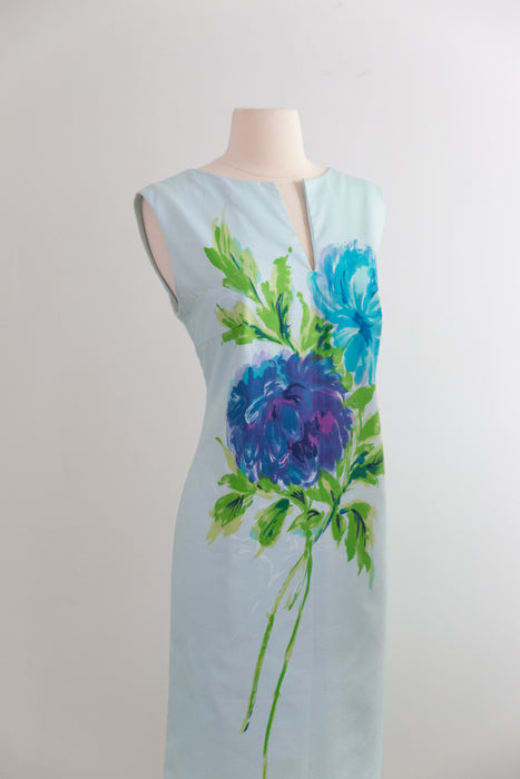 Chic 1960's Cotton Shift Dress With Painterly Floral Print / M