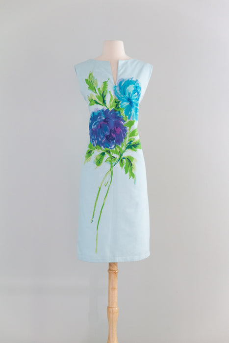 Chic 1960's Cotton Shift Dress With Painterly Floral Print / M