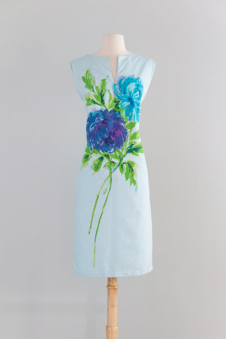 Chic 1960's Cotton Shift Dress With Painterly Floral Print / M