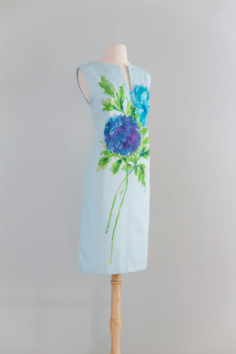 Chic 1960's Cotton Shift Dress With Painterly Floral Print / M