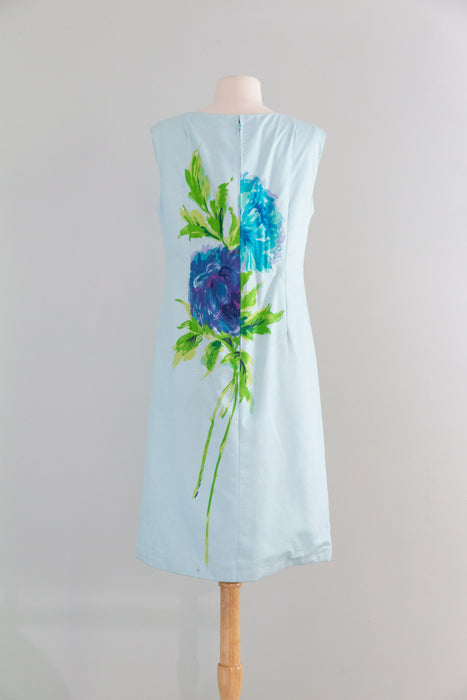 Chic 1960's Cotton Shift Dress With Painterly Floral Print / M