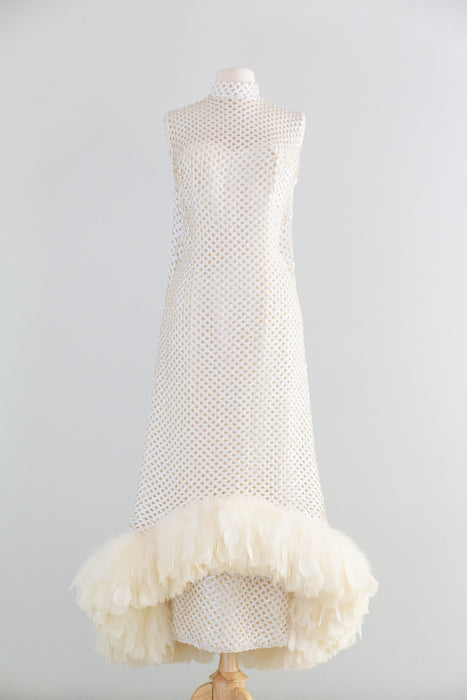 Showstopping 1960's Ivory Lattice Sequin Evening Gown With Feathers / S