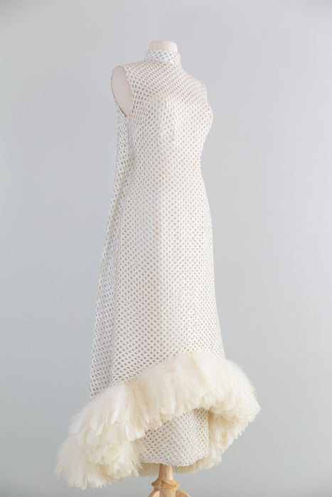 Showstopping 1960's Ivory Lattice Sequin Evening Gown With Feathers / S