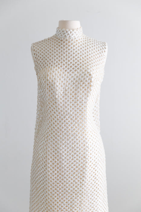 Showstopping 1960's Ivory Lattice Sequin Evening Gown With Feathers / S