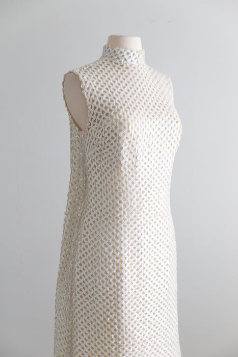 Showstopping 1960's Ivory Lattice Sequin Evening Gown With Feathers / S