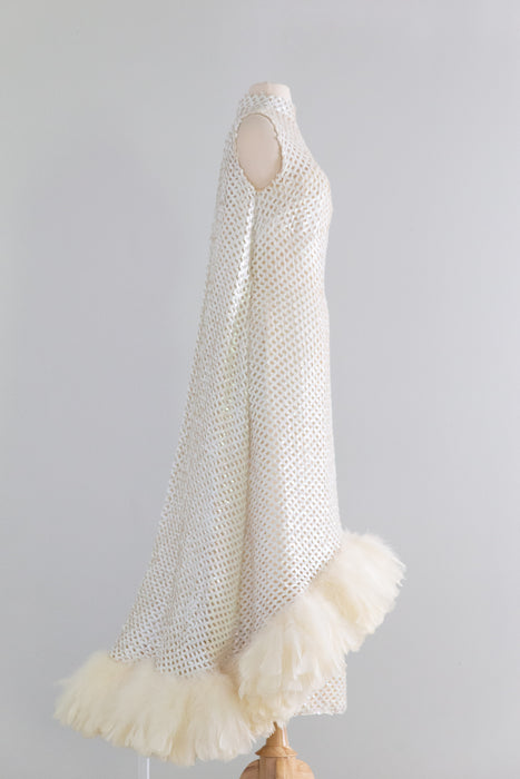 Showstopping 1960's Ivory Lattice Sequin Evening Gown With Feathers / S