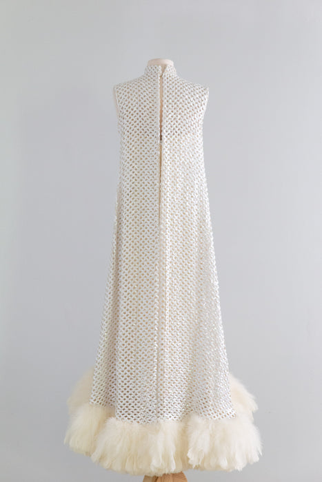 Showstopping 1960's Ivory Lattice Sequin Evening Gown With Feathers / S
