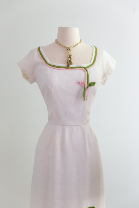 Darling Early 1960's White Dress With Pink & Green Bows By Peggy Hunt  / S
