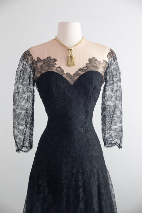 Gorgeous Late 1940's Black Illusion Lace Evening Gown With Full Skirt / S
