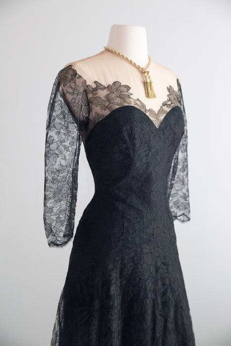 Gorgeous Late 1940's Black Illusion Lace Evening Gown With Full Skirt / S
