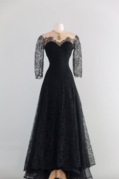 Gorgeous Late 1940's Black Illusion Lace Evening Gown With Full Skirt / S