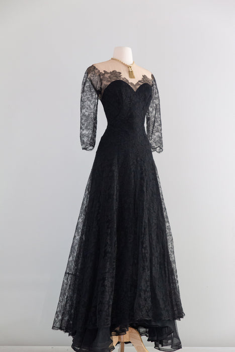 Gorgeous Late 1940's Black Illusion Lace Evening Gown With Full Skirt / S