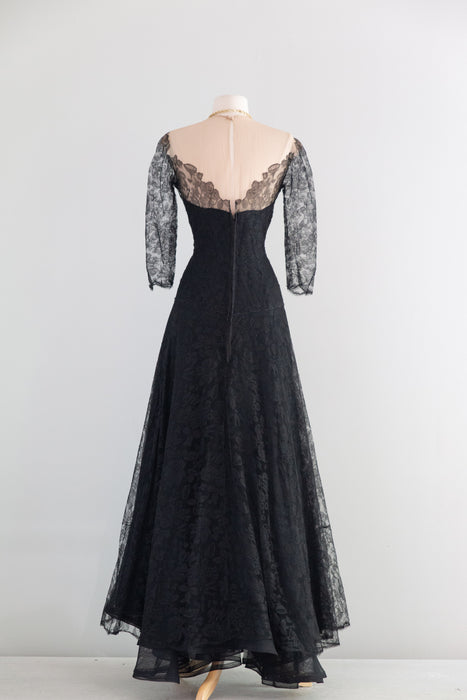 Gorgeous Late 1940's Black Illusion Lace Evening Gown With Full Skirt / S