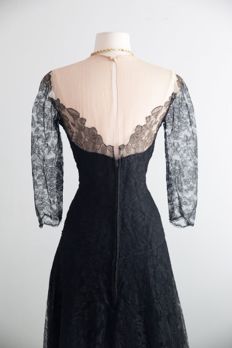 Gorgeous Late 1940's Black Illusion Lace Evening Gown With Full Skirt / S