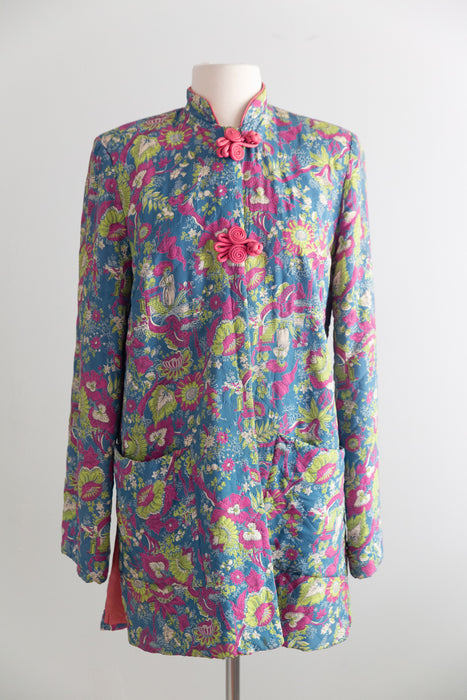 Fabulous 1940's Asian Novelty Print Quilted Lounge Jacket / M