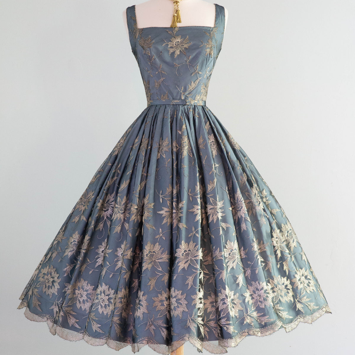 Exquisite 1950's Steel Blue & Metallic Gold Lace Cocktail Dress By