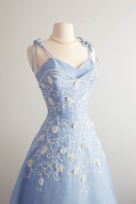 Beautiful 1950's Embroidered Wedgewood Blue Party Dress By Henry Conder / Small