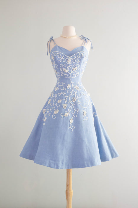 Beautiful 1950's Embroidered Wedgewood Blue Party Dress By Henry Conde – Xtabay Vintage