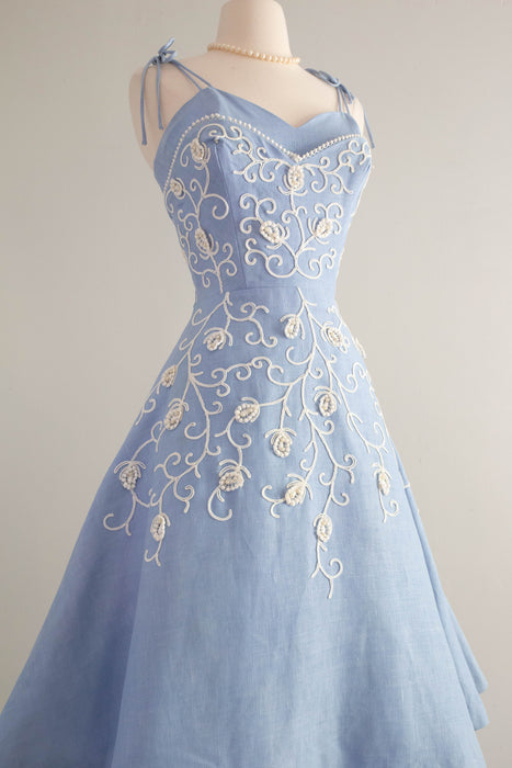 Beautiful 1950's Embroidered Wedgewood Blue Party Dress By Henry Conder / Small