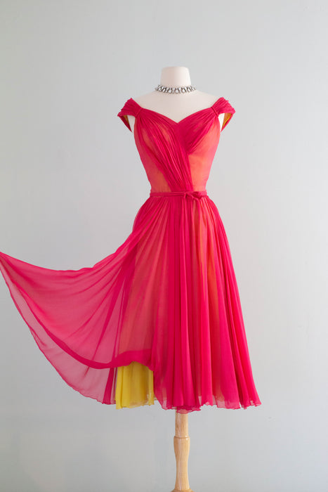 Spectacular 1950's Helen Rose Two Tone Silk Chiffon Party Dress In Cerise Pink & Citrine Yellow / Small