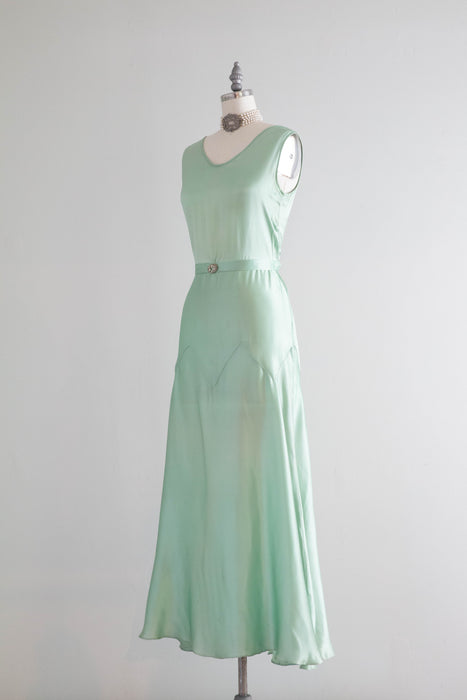 Gleaming 1930's Sea Foam Liquid Satin Bias Cut Silk Evening Dress / XS
