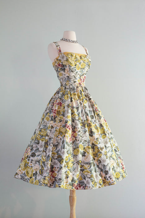 Iconic 1950's Emma Domb Summer Floral Print Cotton Dress Trapunto Bodice / Small