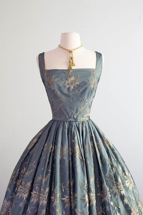 Exquisite 1950's Steel Blue & Metallic Gold Lace Cocktail Dress By Edith Small / Medium