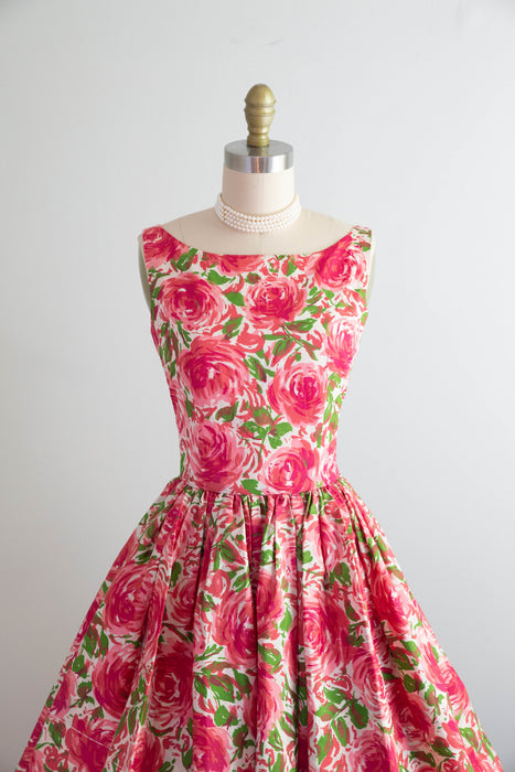 Darling 1950's Pink Rose Print Dress With Bateaux Neckline & Full Skirt / S