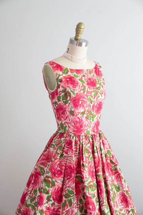Darling 1950's Pink Rose Print Dress With Bateaux Neckline & Full Skirt / S