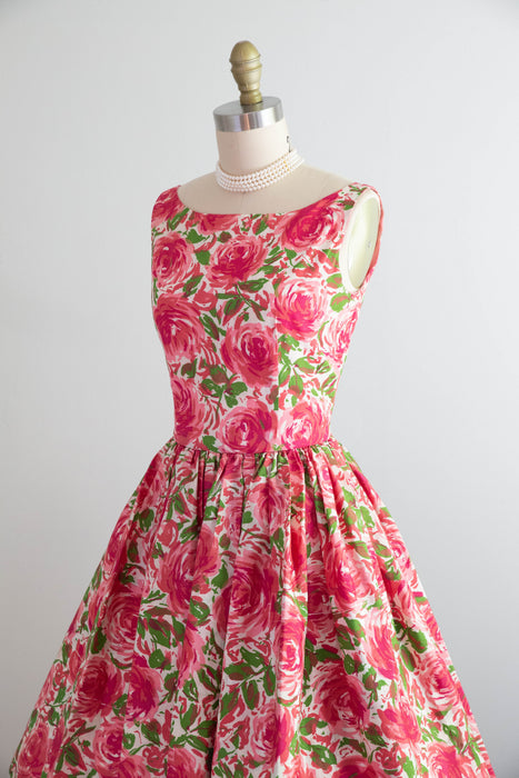 Darling 1950's Pink Rose Print Dress With Bateaux Neckline & Full Skirt / S