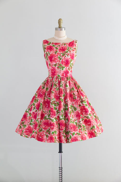 Darling 1950's Pink Rose Print Dress With Bateaux Neckline & Full Skirt / S