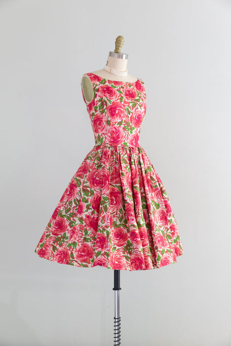Darling 1950's Pink Rose Print Dress With Bateaux Neckline & Full Skirt / S