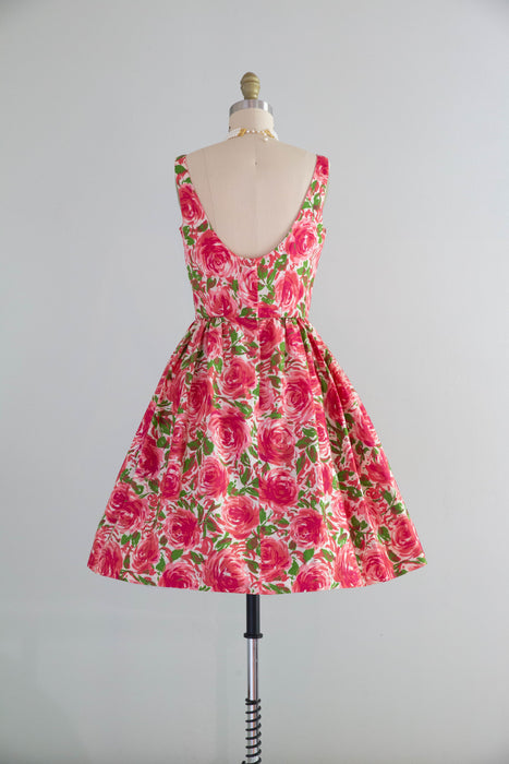 Darling 1950's Pink Rose Print Dress With Bateaux Neckline & Full Skirt / S
