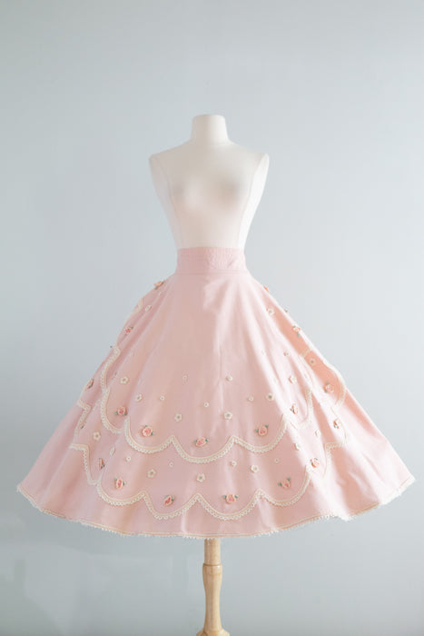 Iconic 1950’s Juli Lynne Charlot Pink Cotton Circle Skirt With Rosettes / Medium