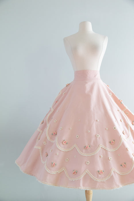 Iconic 1950’s Juli Lynne Charlot Pink Cotton Circle Skirt With Rosettes / Medium