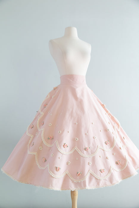 Iconic 1950’s Juli Lynne Charlot Pink Cotton Circle Skirt With Rosettes / Medium