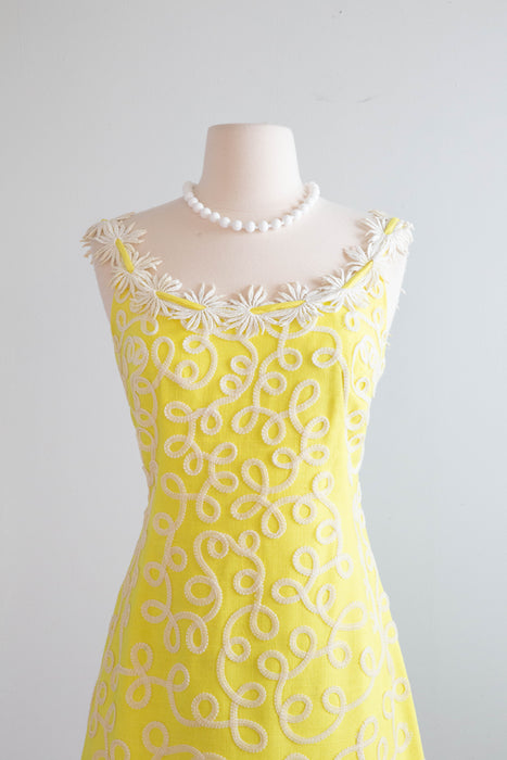 FAB 1960's Lemon Yellow Daisy Chain Mini Dress By Gale Mitchell / SM