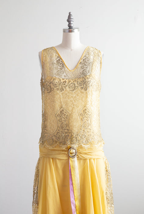 Exquisite 1920's Lemon Chiffon & Metallic Silver Lame' Lace Flapper Dress / SM