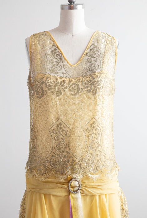 Exquisite 1920's Lemon Chiffon & Metallic Silver Lame' Lace Flapper Dress / SM