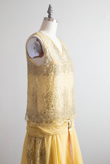 Exquisite 1920's Lemon Chiffon & Metallic Silver Lame' Lace Flapper Dress / SM