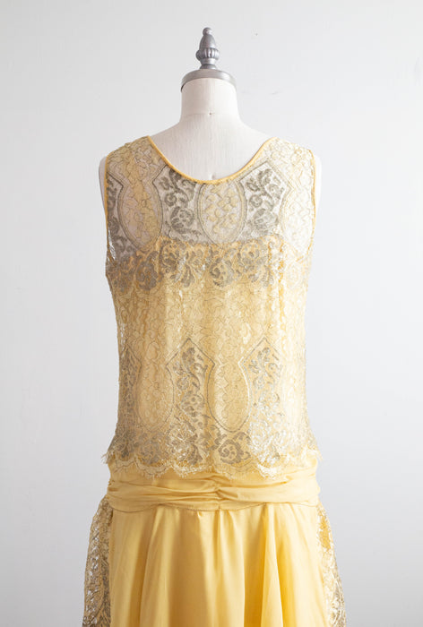 Exquisite 1920's Lemon Chiffon & Metallic Silver Lame' Lace Flapper Dress / SM