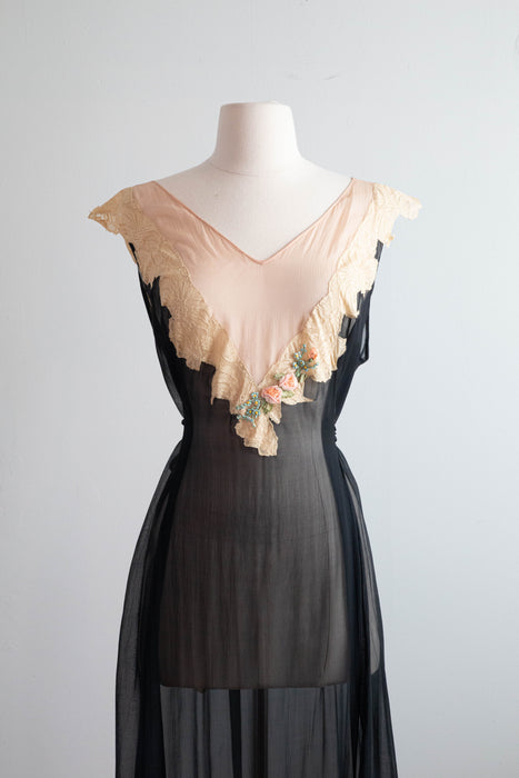 Exquisite 1920's Silk Chiffon Evening Dress Night Gown / ML