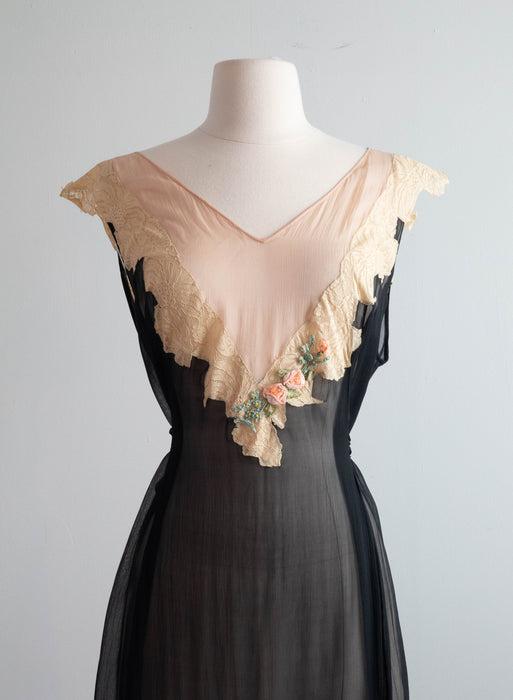 Exquisite 1920's Silk Chiffon Evening Dress Night Gown / ML