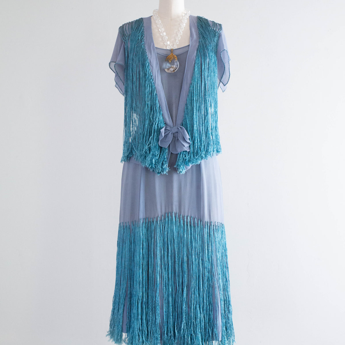 Rare 1920's Silk Chiffon & Fringe French Blue Flapper Dress With Match   Xtabay Vintage