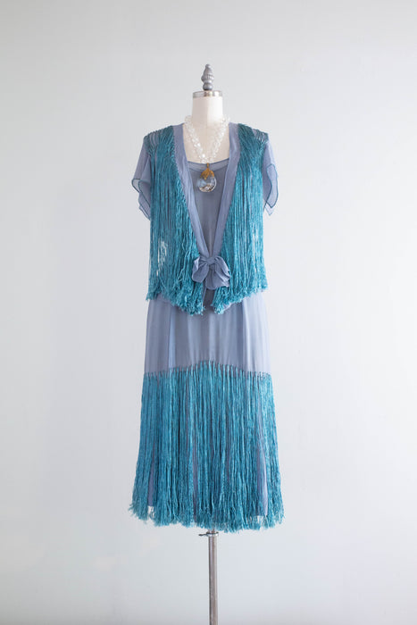 Rare 1920's Silk Chiffon & Fringe French Blue Flapper Dress With Matching Jacket / SM