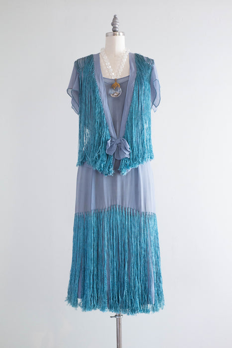 Rare 1920's Silk Chiffon & Fringe French Blue Flapper Dress With Matching Jacket / SM