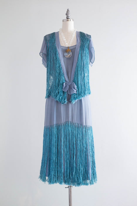 Rare 1920's Silk Chiffon & Fringe French Blue Flapper Dress With Match – Xtabay Vintage Rare 1920's Silk Chiffon & Fringe French Blue Flapper Dress With Match – Xtabay Vintage