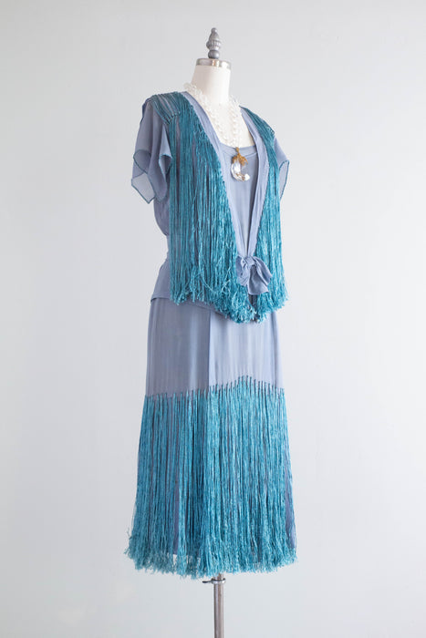 Rare 1920's Silk Chiffon & Fringe French Blue Flapper Dress With Matching Jacket / SM