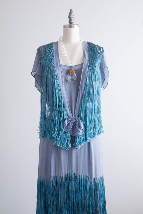 Rare 1920's Silk Chiffon & Fringe French Blue Flapper Dress With Matching Jacket / SM